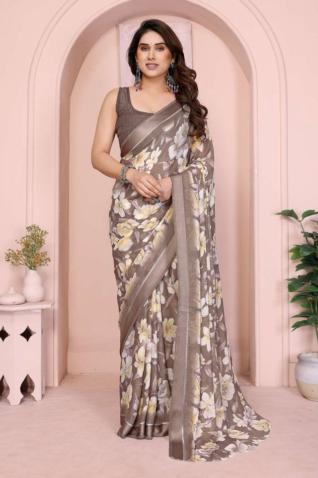 Brown Floral Printed Satin Saree