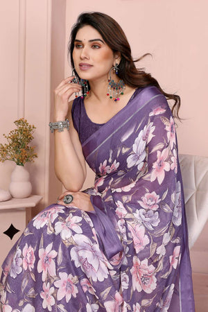 Purple Floral Printed Satin Saree
