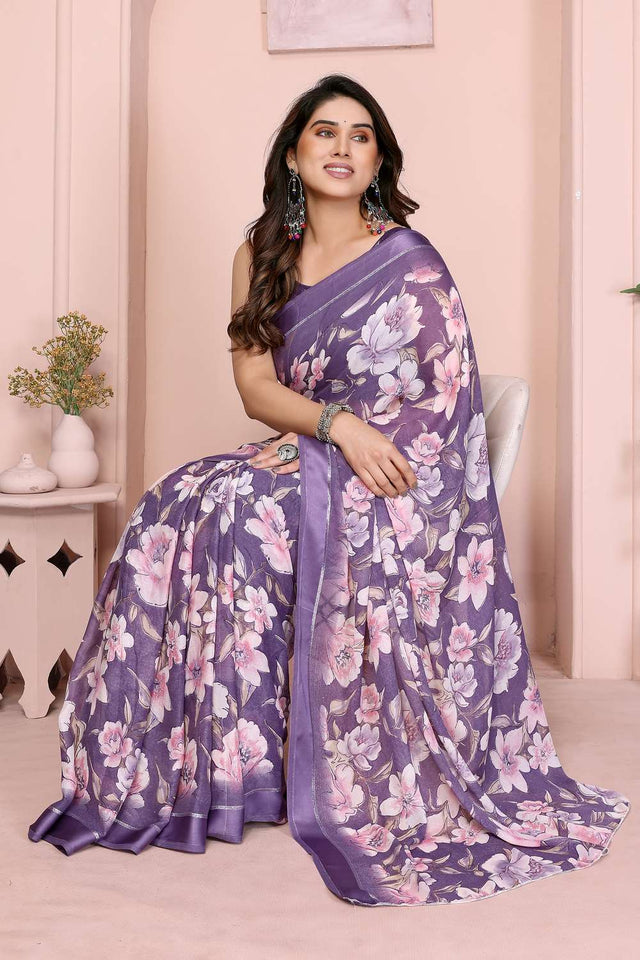Purple Floral Printed Satin Saree