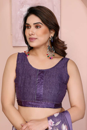 Purple Floral Printed Satin Saree