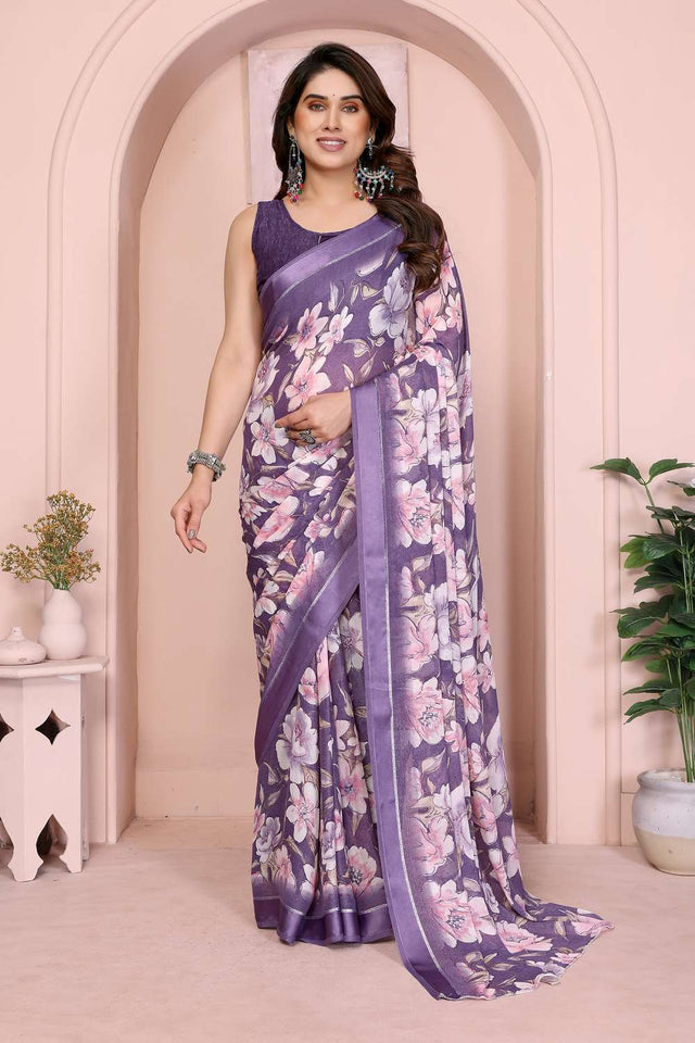 Purple Floral Printed Satin Saree