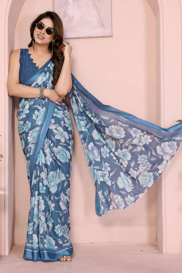 Blue Floral Printed Satin Saree