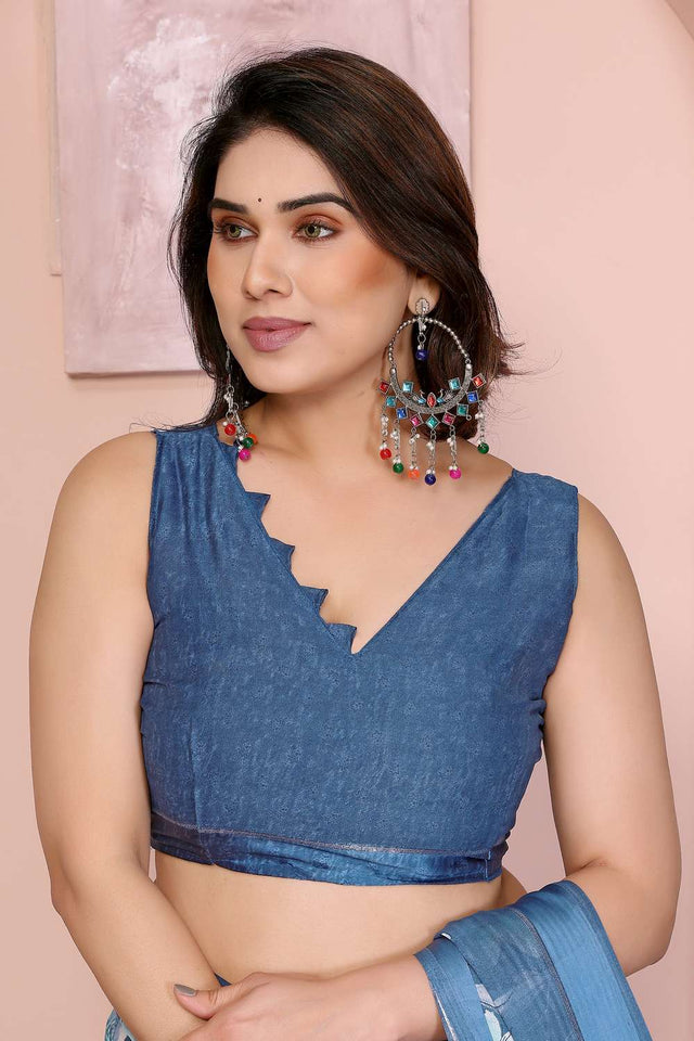 Blue Floral Printed Satin Saree