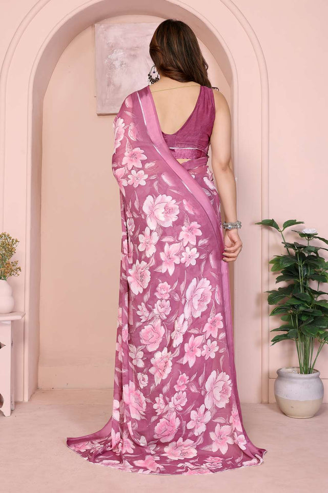 Pink Floral Printed Satin Saree