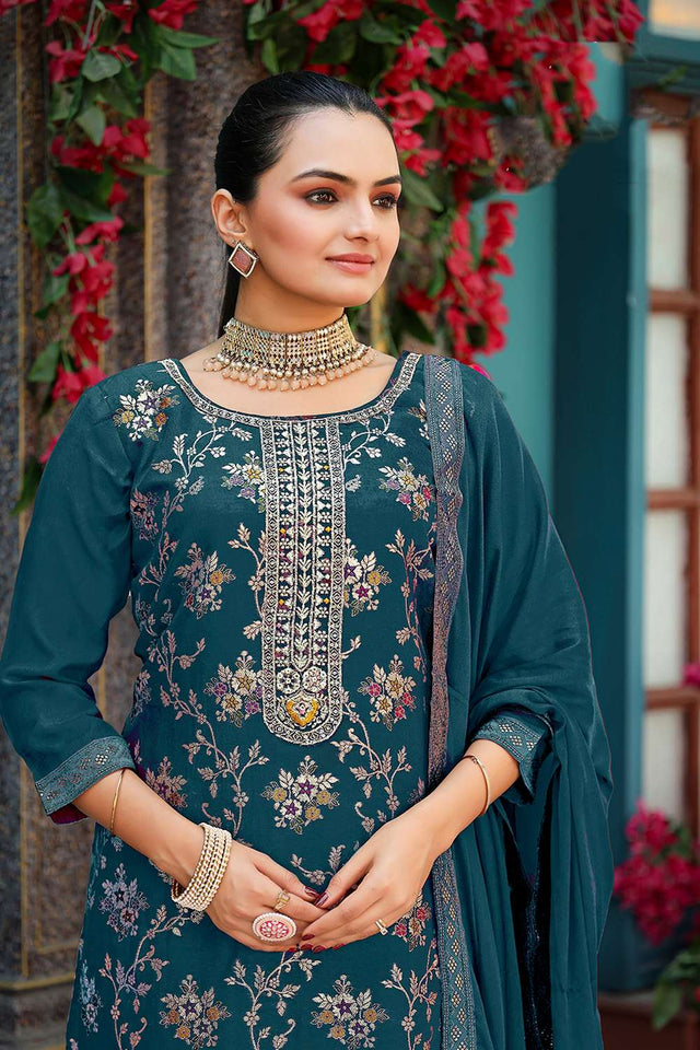 Turquoise Floral Embroidered Viscose Kurti Pant Set