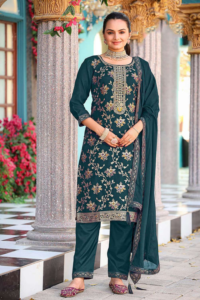 Turquoise Floral Embroidered Viscose Kurti Pant Set