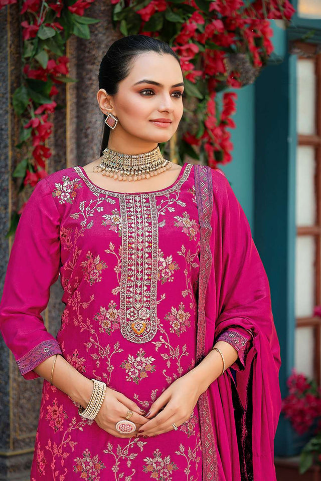 Pink Floral Embroidered Viscose Kurti Pant Set