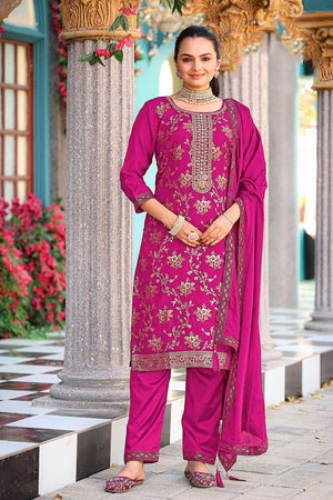 Pink Floral Embroidered Viscose Kurti Pant Set