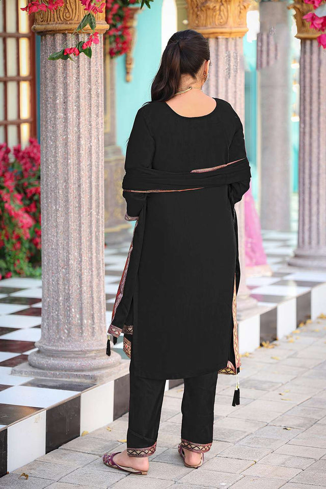 Black Floral Embroidered Viscose Kurti Pant Set