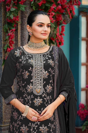 Black Floral Embroidered Viscose Kurti Pant Set