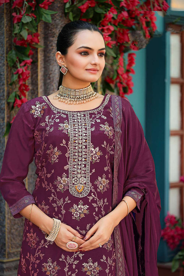 Wine Floral Embroidered Viscose Kurti Pant Set