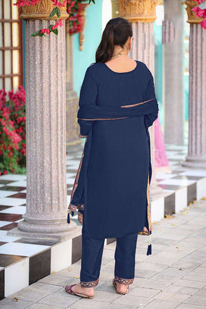 Blue Floral Embroidered Viscose Kurti Pant Set