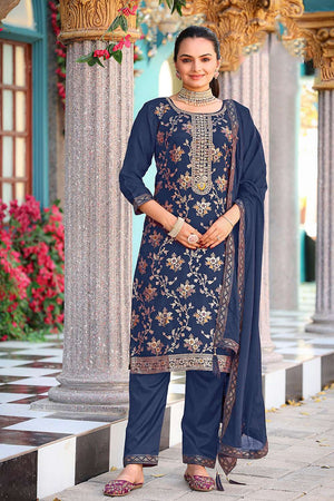 Blue Floral Embroidered Viscose Kurti Pant Set