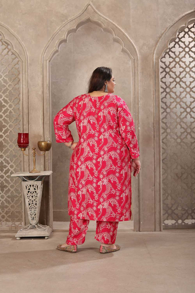 Pink Printed Viscose Straight Cut Suit Set