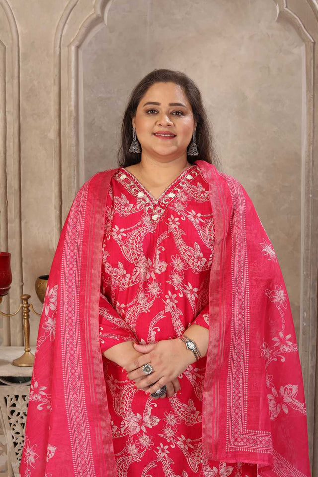 Pink Printed Viscose Straight Cut Suit Set