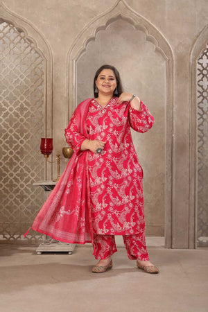 Pink Printed Viscose Straight Cut Suit Set