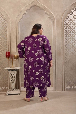 Purple Floral Printed Rayon Straight Cut Suit Set
