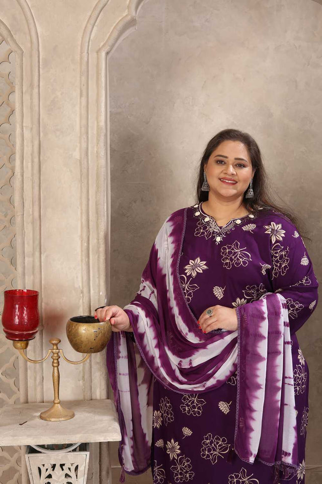 Purple Floral Printed Rayon Straight Cut Suit Set