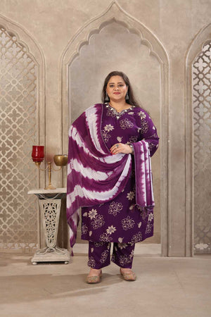 Purple Floral Printed Rayon Straight Cut Suit Set