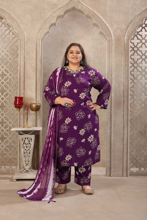 Purple Floral Printed Rayon Straight Cut Suit Set