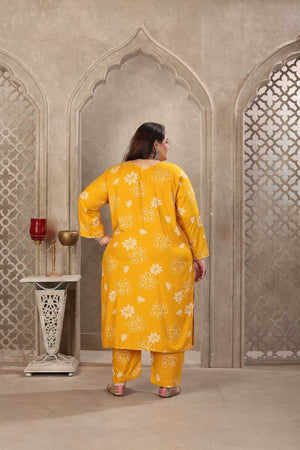 Mustard Floral Printed Rayon Straight Cut Suit Set