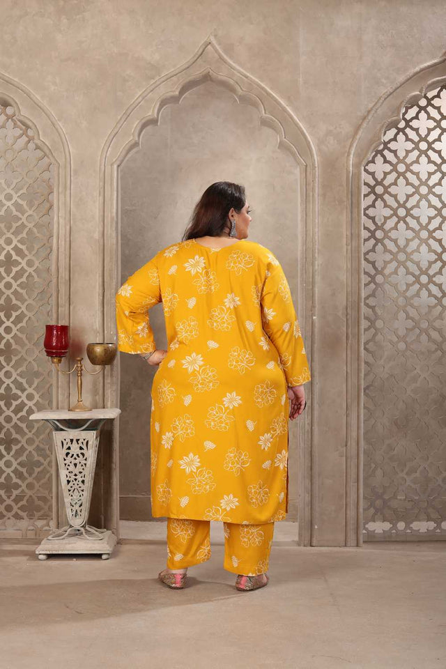 Mustard Floral Printed Rayon Straight Cut Suit Set