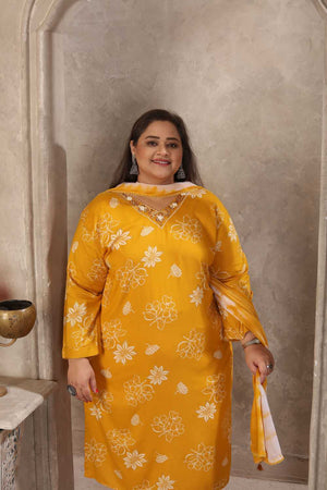 Mustard Floral Printed Rayon Straight Cut Suit Set