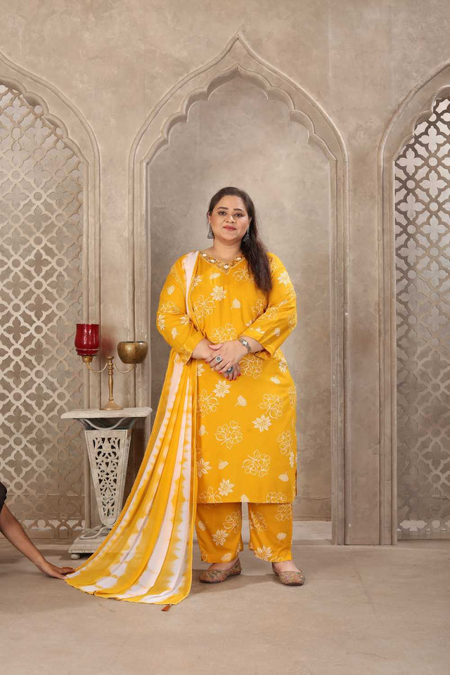 Mustard Floral Printed Rayon Straight Cut Suit Set