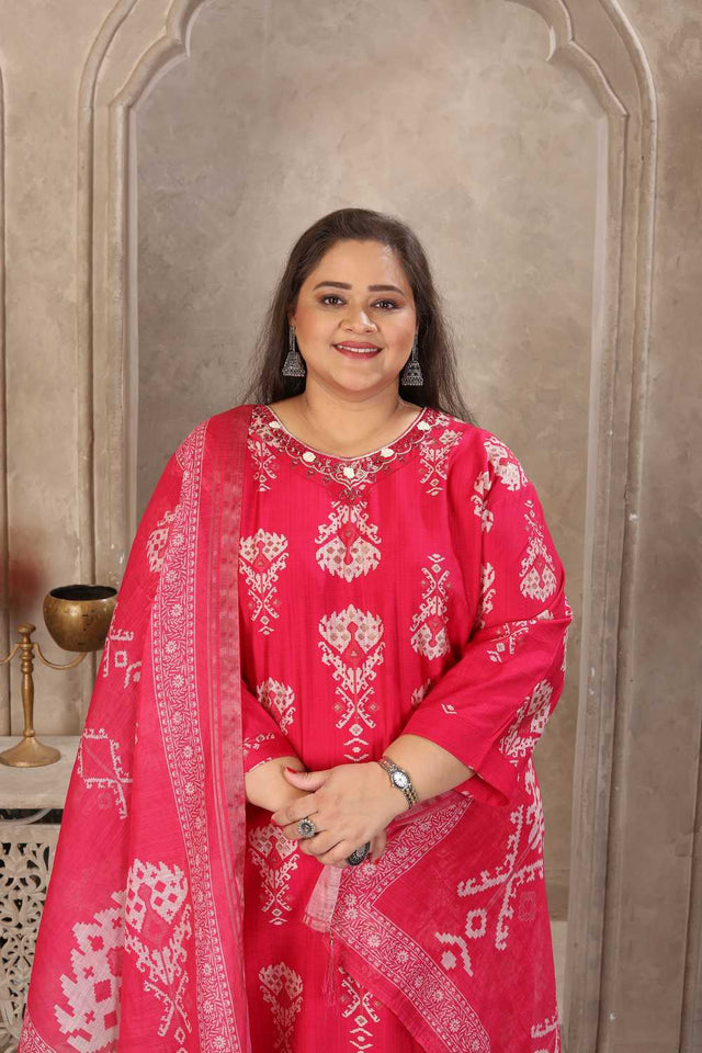 Pink Floral Printed Viscose Straight Cut Suit Set