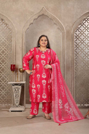 Pink Floral Printed Viscose Straight Cut Suit Set