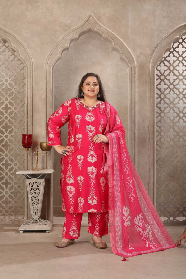 Pink Floral Printed Viscose Straight Cut Suit Set