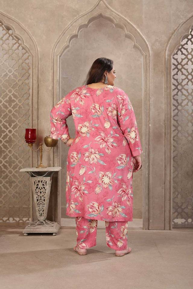 Pink Floral Printed Rayon Straight Cut Suit Set