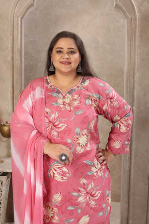 Pink Floral Printed Rayon Straight Cut Suit Set