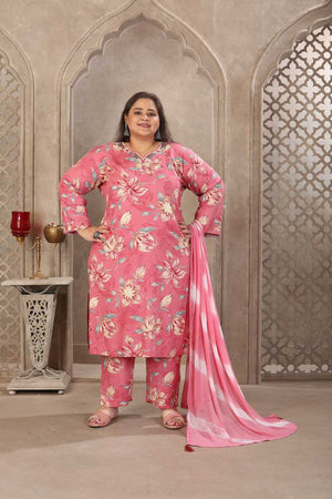 Pink Floral Printed Rayon Straight Cut Suit Set