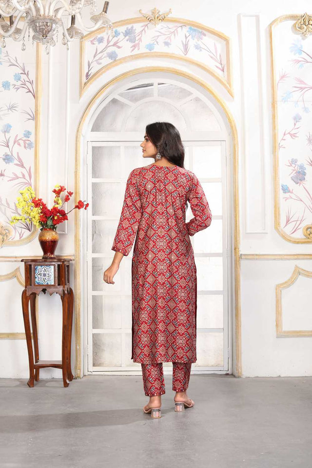 Red Printed Chanderi Straight Cut Suit Set
