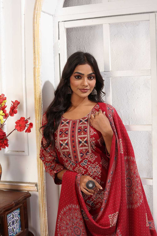 Red Printed Chanderi Straight Cut Suit Set