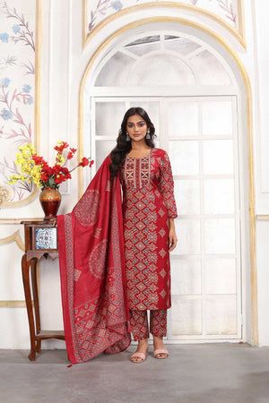 Red Printed Chanderi Straight Cut Suit Set