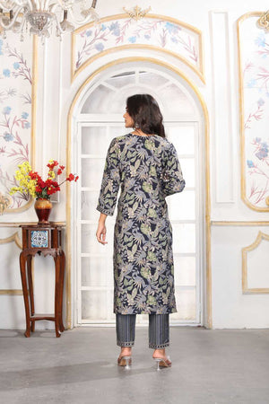 Black Floral Printed Chanderi Straight Cut Suit Set