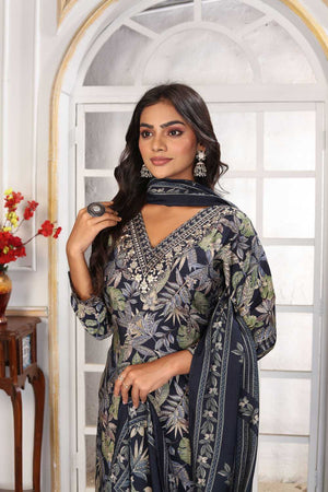 Black Floral Printed Chanderi Straight Cut Suit Set