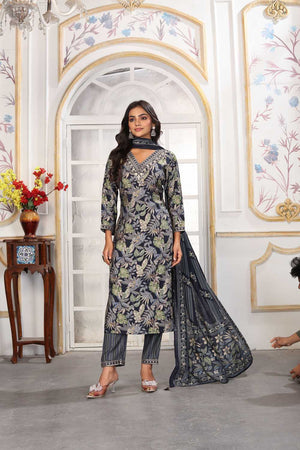Black Floral Printed Chanderi Straight Cut Suit Set