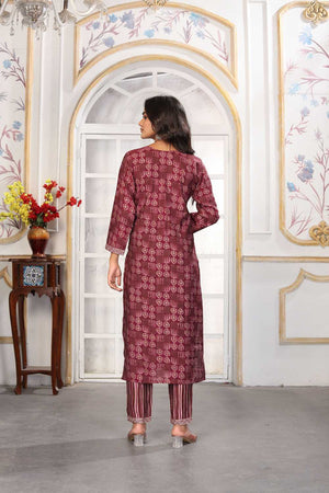 Wine Printed Chanderi Straight Cut Suit Set