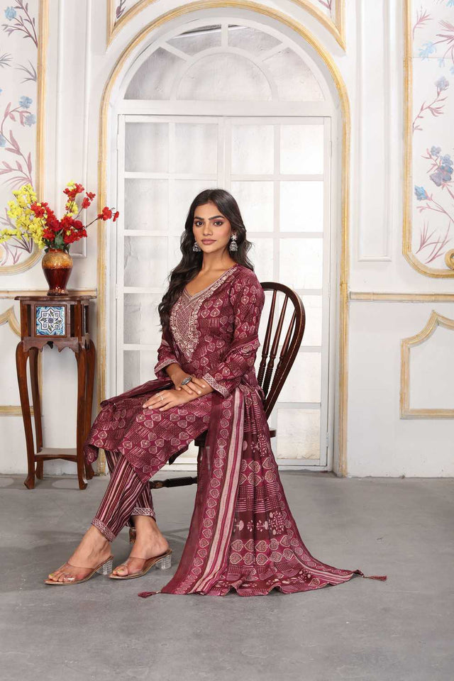 Wine Printed Chanderi Straight Cut Suit Set