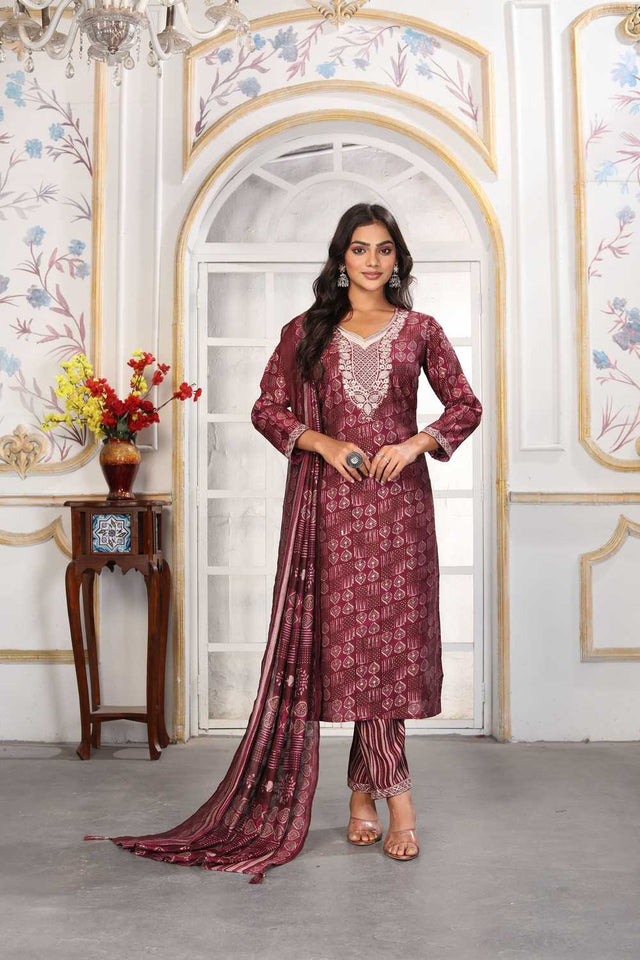 Wine Printed Chanderi Straight Cut Suit Set