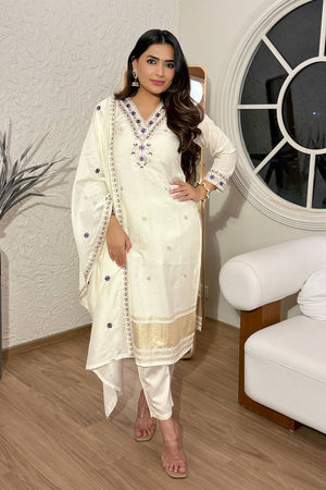 Cream Embroidered Viscose Straight Cut Suit Set
