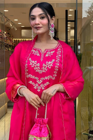 Pink Embroidered Viscose Straight Cut Suit Set