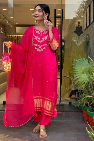 Pink Embroidered Viscose Straight Cut Suit Set