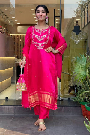 Pink Embroidered Viscose Straight Cut Suit Set