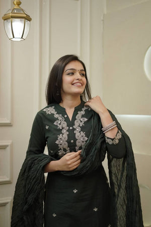 Green Embroidered Rayon Straight Cut Suit Set