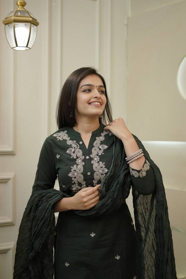 Green Embroidered Rayon Straight Cut Suit Set