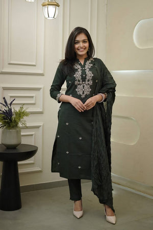 Green Embroidered Rayon Straight Cut Suit Set